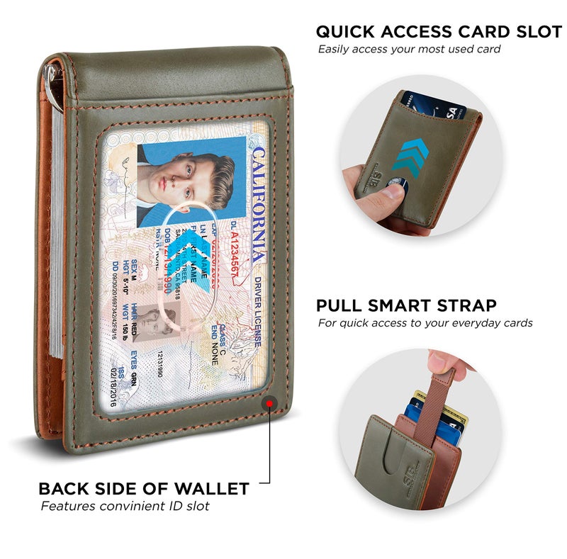 SERMAN BRANDS محفظة سِيرمان براندز RFID مضادة للتداخل نحيفة قابلة للطي من الجلد الأصلي للرجال مع مشبك نقود هدية رقيقة (أخضر مملح 1.S) - Image 4