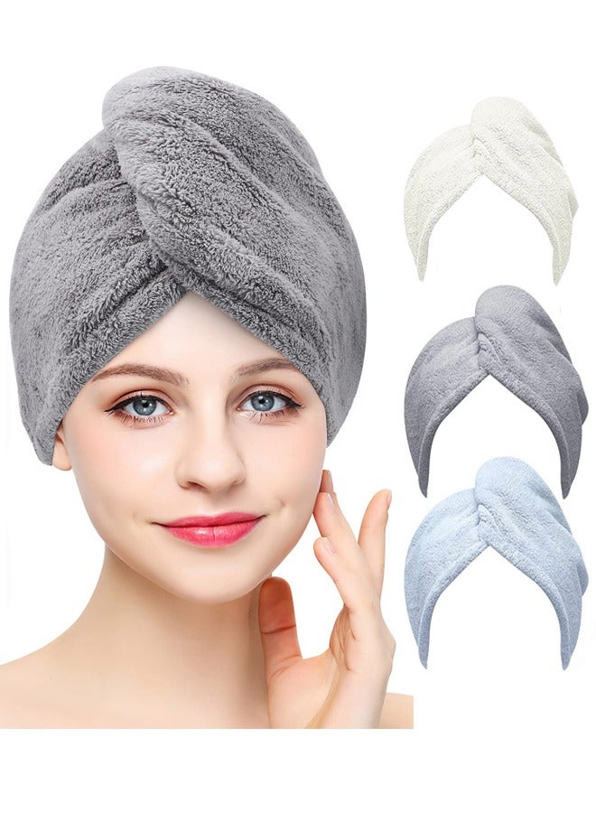 Microfiber Hair Towel, 3 Packs Hair Turbans for Wet Hair, Drying Hair Wrap Towels for Curly Hair Women Anti Frizz(Grey,Blue,White)  - Image 1