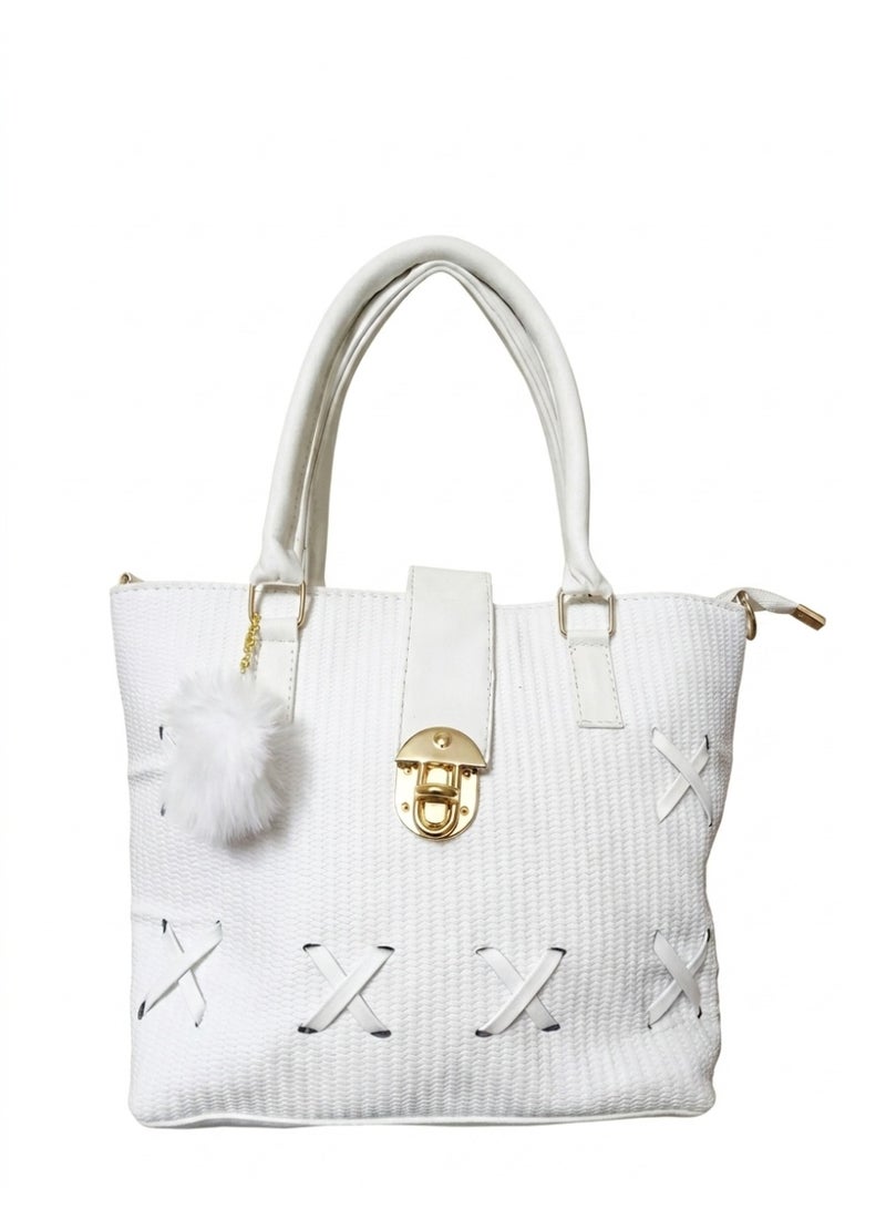 Women's Handbag, WHiet Handle, Gold Lock, Detachable Shoulder Strap and White Pompon (White) - Image 1