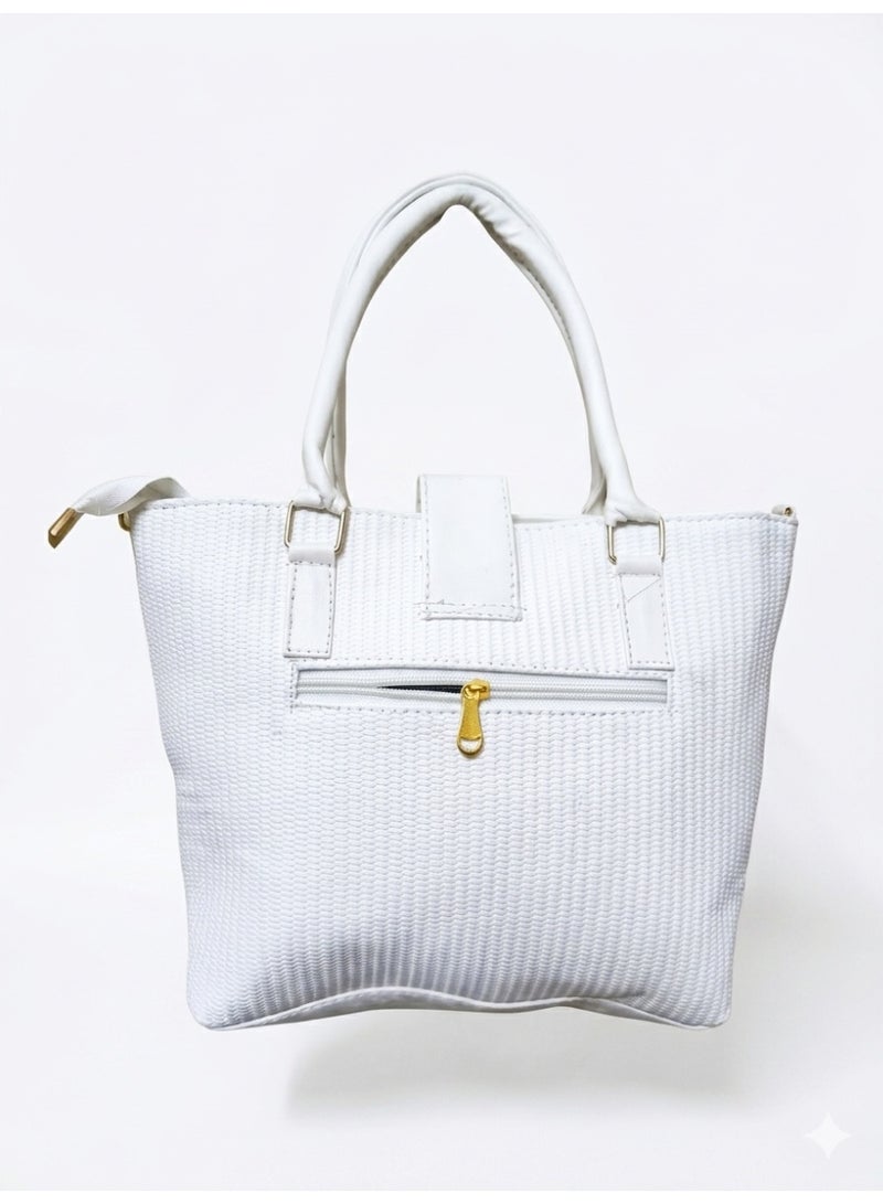 Women's Handbag, WHiet Handle, Gold Lock, Detachable Shoulder Strap and White Pompon (White) - Image 2