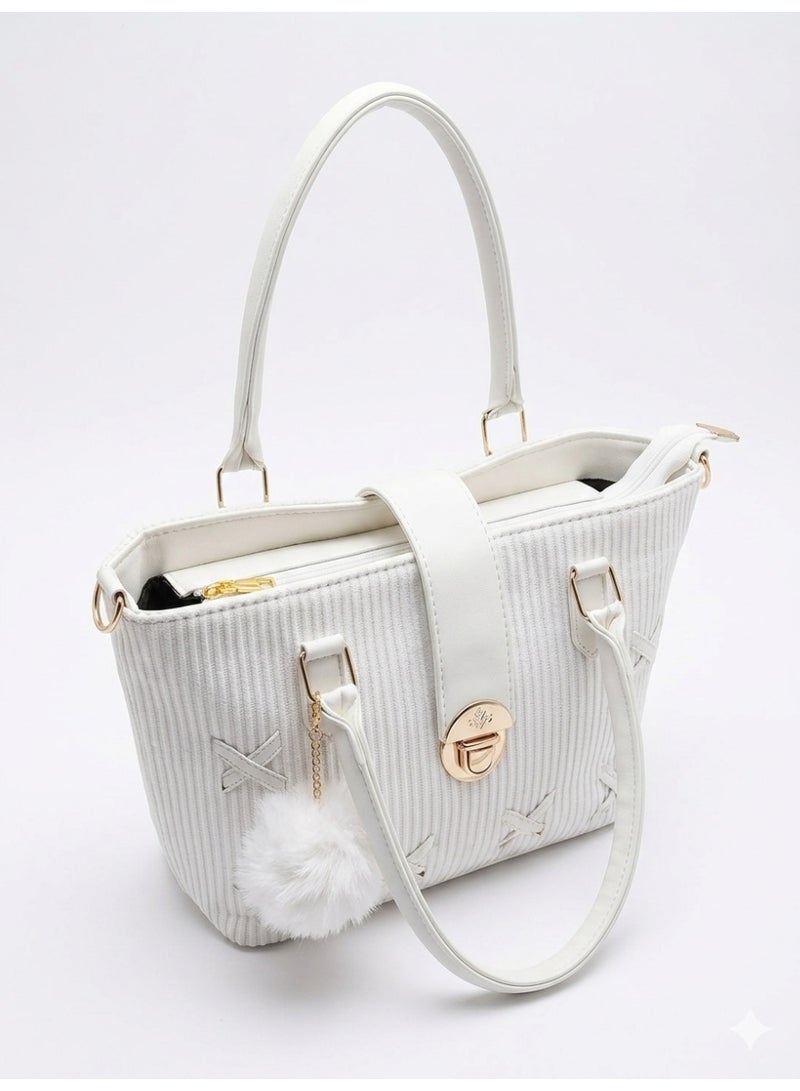 Women's Handbag, WHiet Handle, Gold Lock, Detachable Shoulder Strap and White Pompon (White) - Image 3