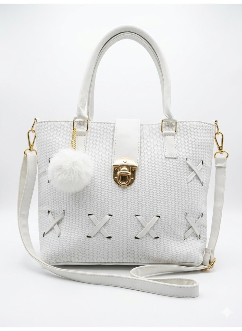 Women's Handbag, WHiet Handle, Gold Lock, Detachable Shoulder Strap and White Pompon (White) - Image 4