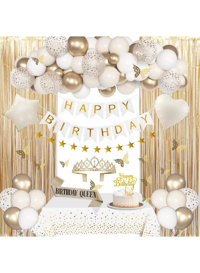 Amandir Birthday Decorations for Women, White Sand Beige Cream Neutral Gold Foil Balloons Table Cloth Sash Crown Curtains Happy Birthday Banner Golden Star Garland Butterfly Boho Party Supplies - Image 1
