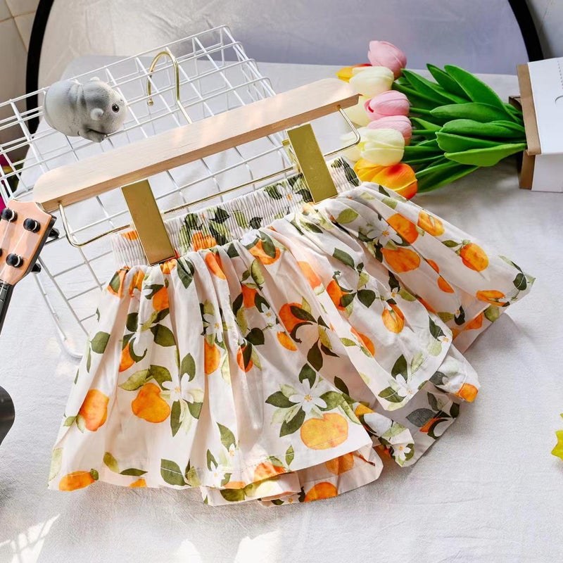 Floral Girls Skort 2023 Summer New Korean Fashion Sweet Kids Shorts Orange fruit 007 