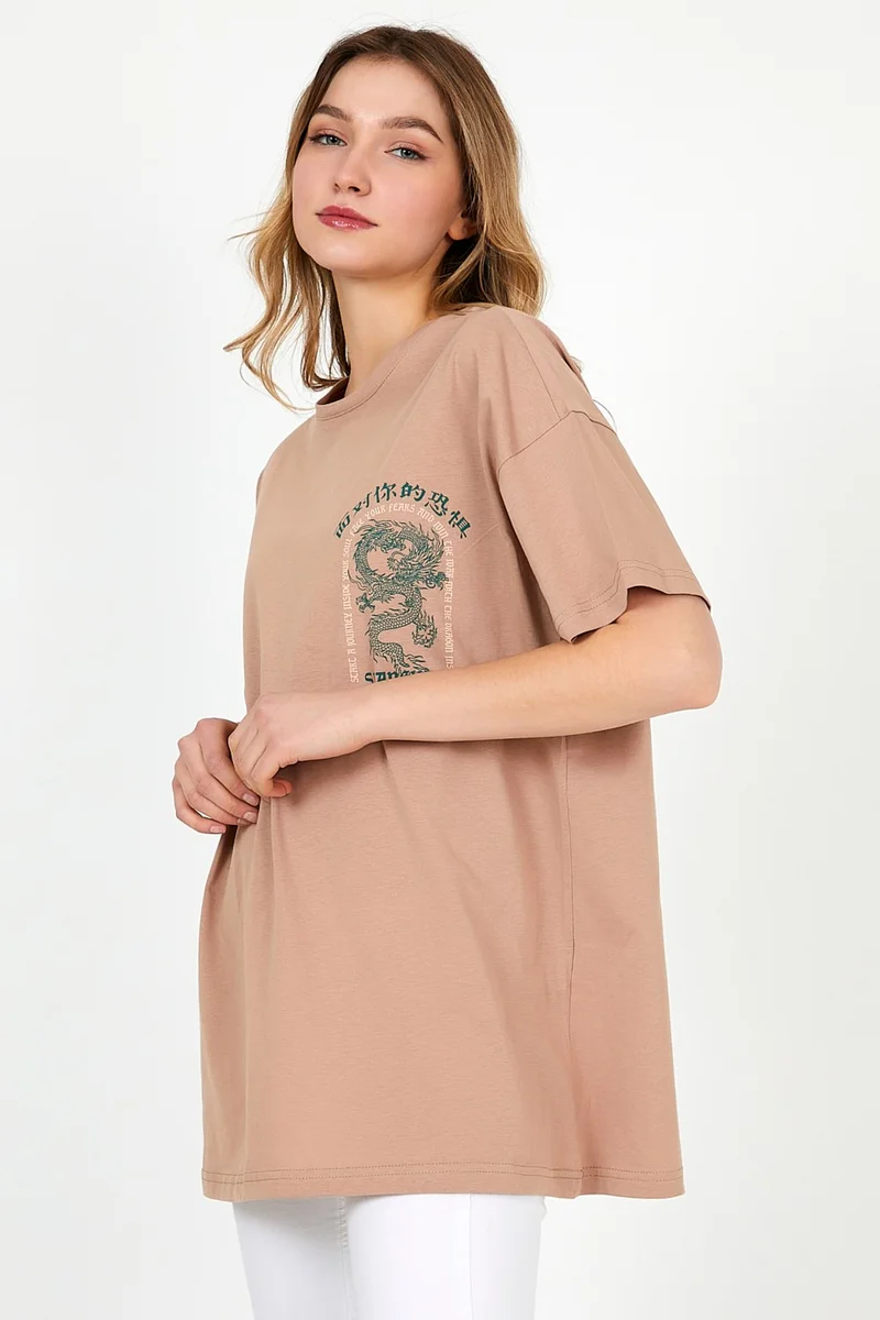MRS Clothing Shanghai Mink Women's Oversize Wide Fit Crew Neck Printed Short Sleeve T-Shirt