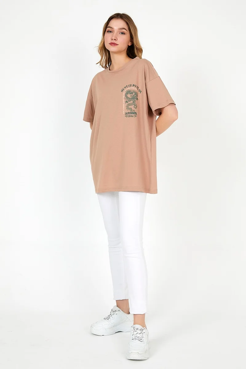 MRS Clothing Shanghai Mink Women's Oversize Wide Fit Crew Neck Printed Short Sleeve T-Shirt