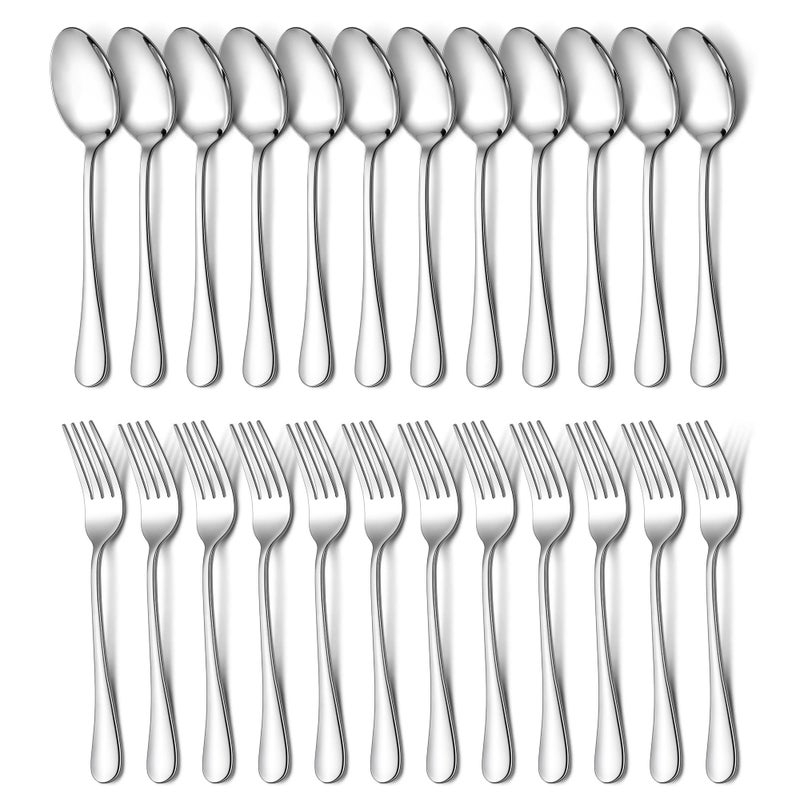 E-far Efar 24Piece Dinner Forks and Spoons Stainless Steel Silverware Flatware Eating Utensils Set for Home Kitchen Restaurant Food Grade Metal Simple Design Mirror Finish Dishwasher Safe 8 Inch - Image 2