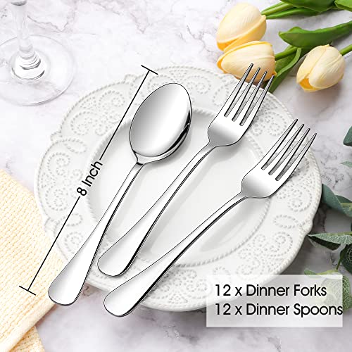 E-far Efar 24Piece Dinner Forks and Spoons Stainless Steel Silverware Flatware Eating Utensils Set for Home Kitchen Restaurant Food Grade Metal Simple Design Mirror Finish Dishwasher Safe 8 Inch - Image 3