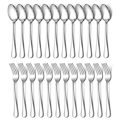 E-far Efar 24Piece Dinner Forks and Spoons Stainless Steel Silverware Flatware Eating Utensils Set for Home Kitchen Restaurant Food Grade Metal Simple Design Mirror Finish Dishwasher Safe 8 Inch - Image 1