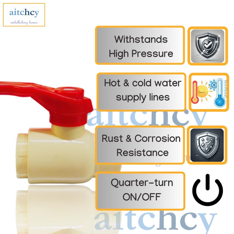 aitchcy CPVC Ball Valve 1 inch| Heavy Duty CPVC Ball Valve for Hot & Cold Water | Quarter Turn Valve with PTFE Seat | Corrosion & UV Resistant | for C PVC Pipe 1inch (1 inch Pack of 1) - Image 3