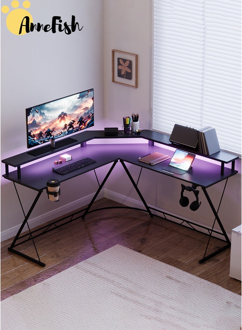 AnneFish 120cm L-Shaped Gaming Table with Led Lights Gaming Desk with Monitor Stand＆Cup Holder Headphone Hook Home Office Table Computer Desk L Desk Writing Workstation Corner Desk for Home Office Gaming Room - Image 3