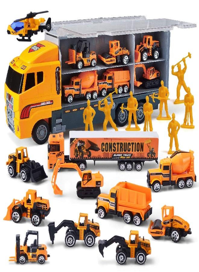 JOYIN - JOYIN 19 in 1 Die-cast Construction Toy Truck with Little Figures, Mini Construction Vehicles in Big Carrier Truck, Patrol Rescue Helicopter for Boys 3-9 Years Old, Kids Value Birthday Easter Gifts - Image 1