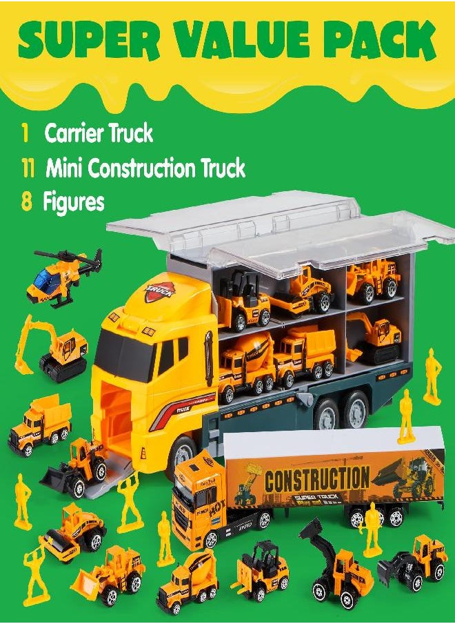 JOYIN - JOYIN 19 in 1 Die-cast Construction Toy Truck with Little Figures, Mini Construction Vehicles in Big Carrier Truck, Patrol Rescue Helicopter for Boys 3-9 Years Old, Kids Value Birthday Easter Gifts - Image 1