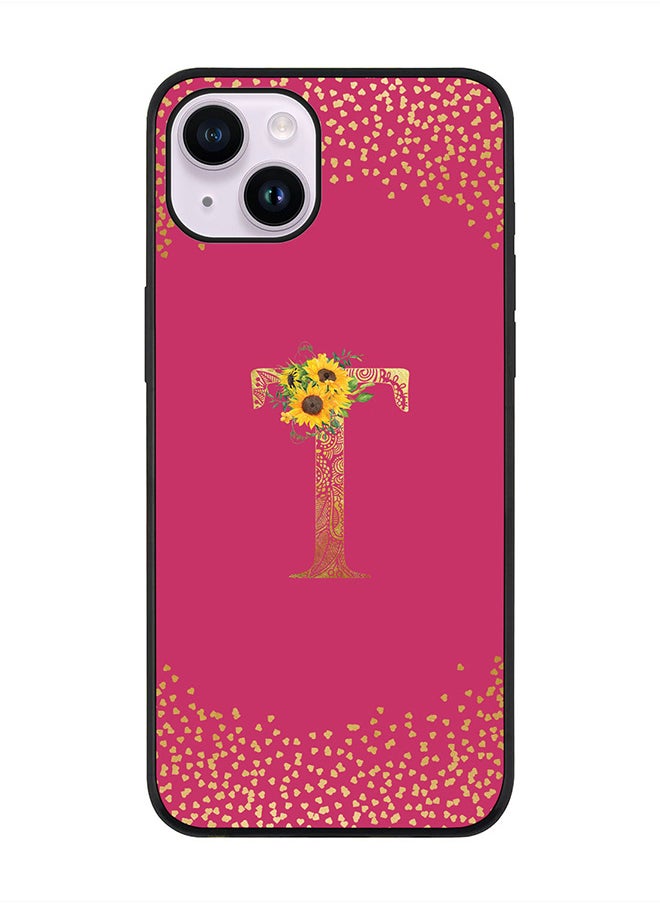 Stylizedd Rugged Black edge case for Apple iPhone 14 Plus, Soft Flexible Phone case Custom Monogram Initial Letter Mandala Floral Pattern Alphabet- T (Dark Pink Rose)  - Image 1