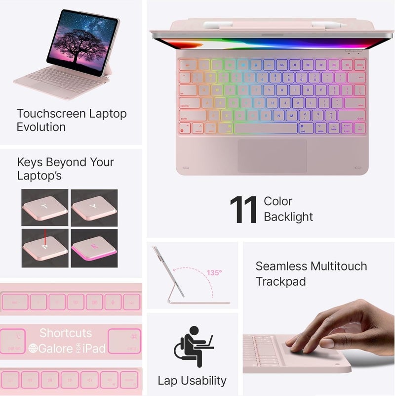 typecase غطاء لوحة مفاتيح آي باد إير 13 بوصة (M3/M2، 2025/2024) و لوحة مفاتيح سحرية آي باد برو 12.9 بوصة (الجيل 3/4/5/6) ، لوحة تتبع متعددة اللمس ، تصميم عائم ، إضاءة خلفية بـ 11 لون (وردي ملكي فاتح) - Image 4