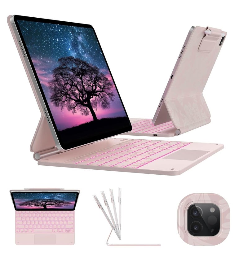 typecase غطاء لوحة مفاتيح آي باد إير 13 بوصة (M3/M2، 2025/2024) و لوحة مفاتيح سحرية آي باد برو 12.9 بوصة (الجيل 3/4/5/6) ، لوحة تتبع متعددة اللمس ، تصميم عائم ، إضاءة خلفية بـ 11 لون (وردي ملكي فاتح) - Image 1