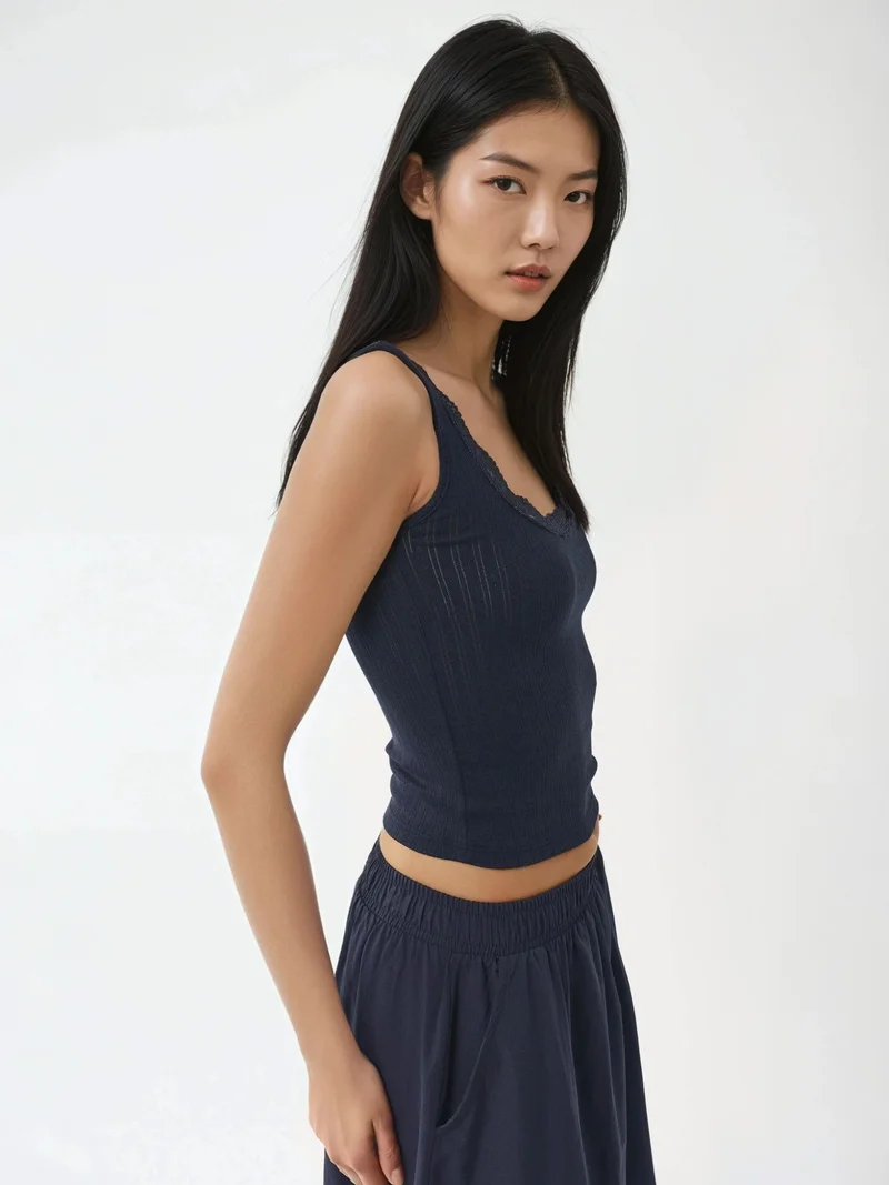 بوسيم بلوزة بدون أكمام بياقة على شكل حرف  وتفاصيل دانتيل من