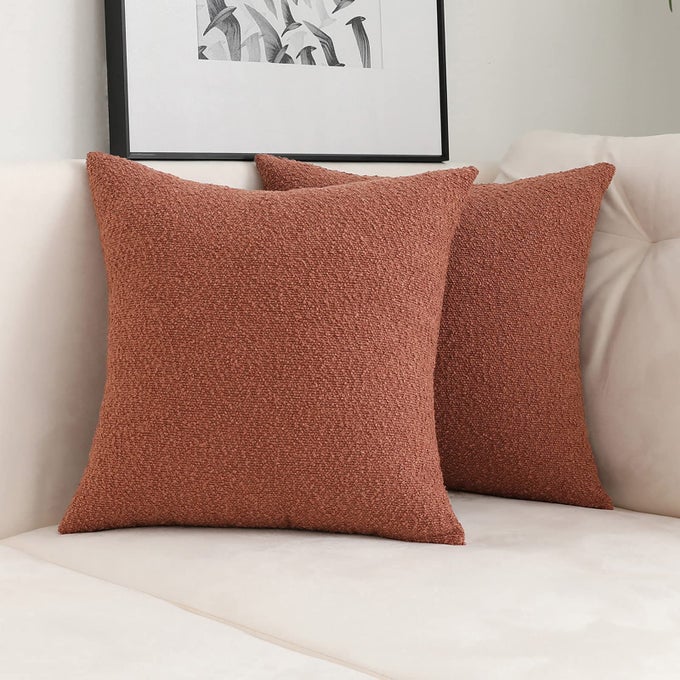 OCHER DECORATIVE SQUARE THICK TERRACOTTA THROW PILLOW COVERS FINE TEXTURED BOUCLE COUCH CUSHION CASE FOR SOFA HOME DECOR SET OF 2 18 X 18 INCH