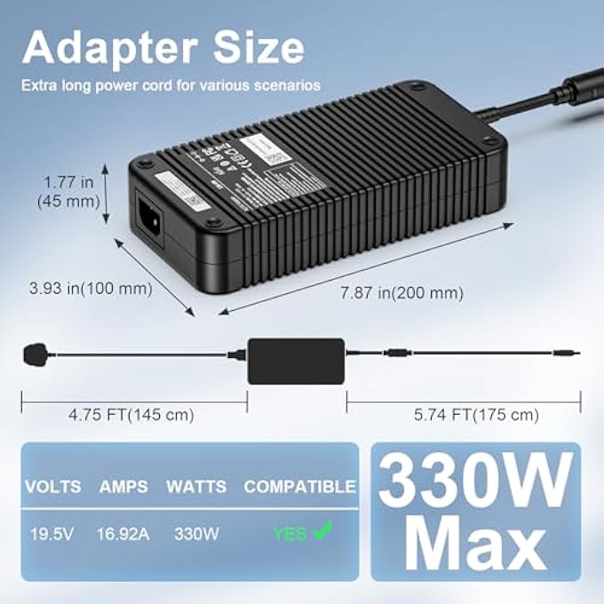 rayihni شاحن 330 واط متوافق مع لابتوب آيسر بريداتور هليوس نيو 16 PH18-71 PHN16-71 PH16-71 PH3D15 نيترو 5 16 17 AN517-55 AN515-58 AN16-41 AN17-41 محول طاقة أصلي بديل - Image 3