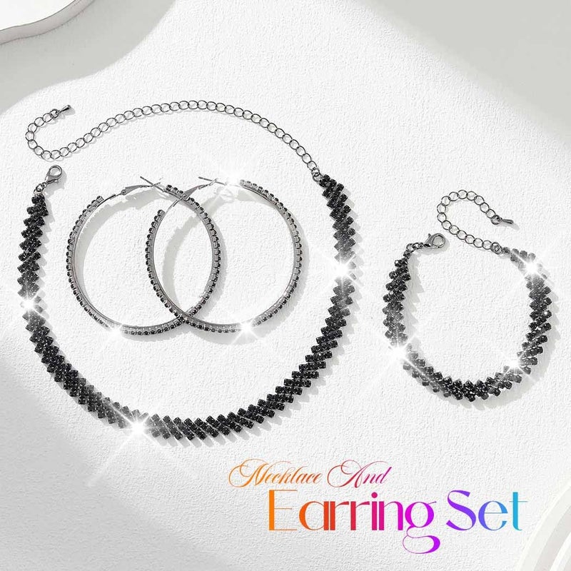 Unicra Black Jewelry Sets Rhinestone Necklace Hoop Earrings Bracelet Set Prom Formal Sparkly Costume Jewelry Sets for Women (Black) - Image 2