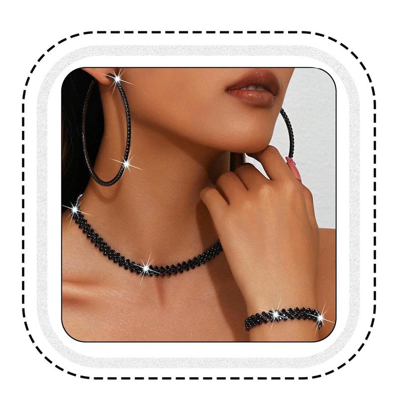 Unicra Black Jewelry Sets Rhinestone Necklace Hoop Earrings Bracelet Set Prom Formal Sparkly Costume Jewelry Sets for Women (Black) - Image 1
