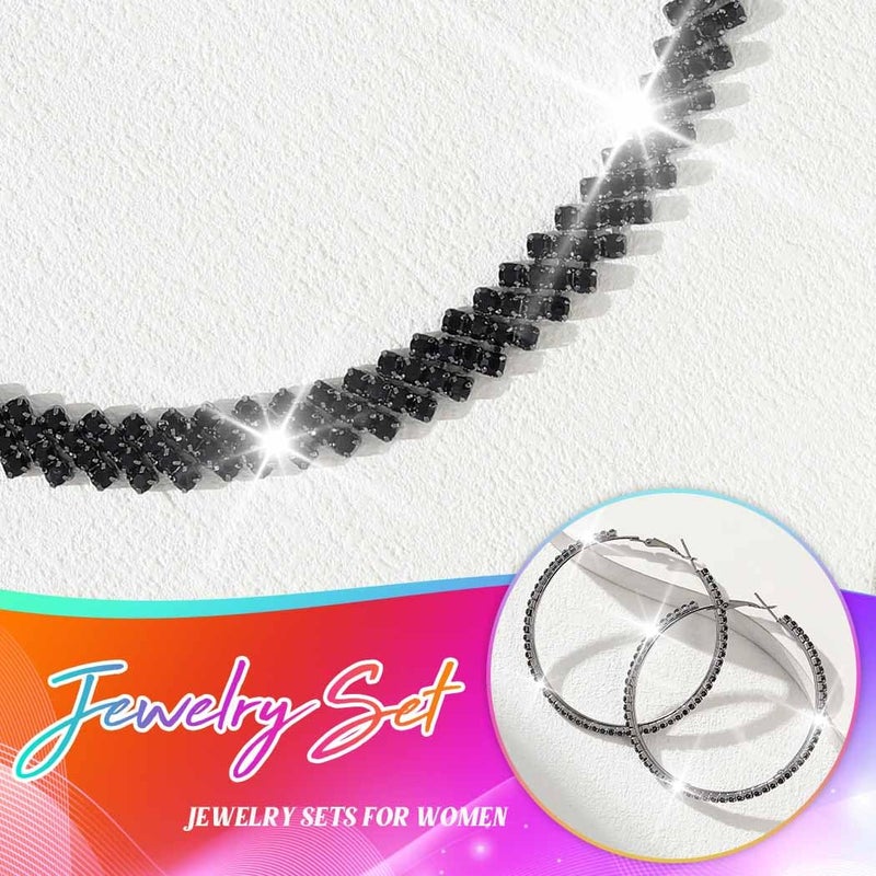 Unicra Black Jewelry Sets Rhinestone Necklace Hoop Earrings Bracelet Set Prom Formal Sparkly Costume Jewelry Sets for Women (Black) - Image 4