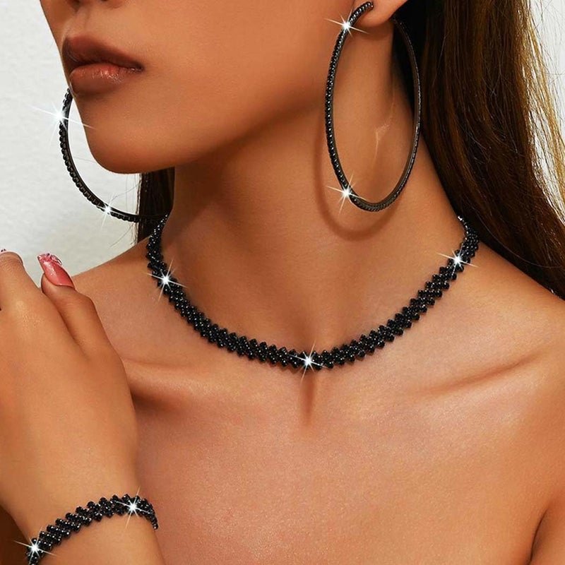 Unicra Black Jewelry Sets Rhinestone Necklace Hoop Earrings Bracelet Set Prom Formal Sparkly Costume Jewelry Sets for Women (Black) - Image 5
