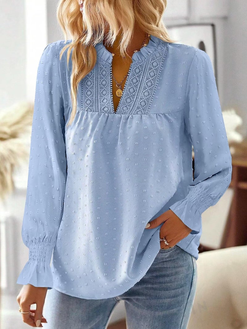 Falechay Plus Size Tops for Women Ruffle Sleeve Womens Blouses V Neck Spring Dressy Casual Flowy Bohemian Shirts Blue 2XL - Image 2