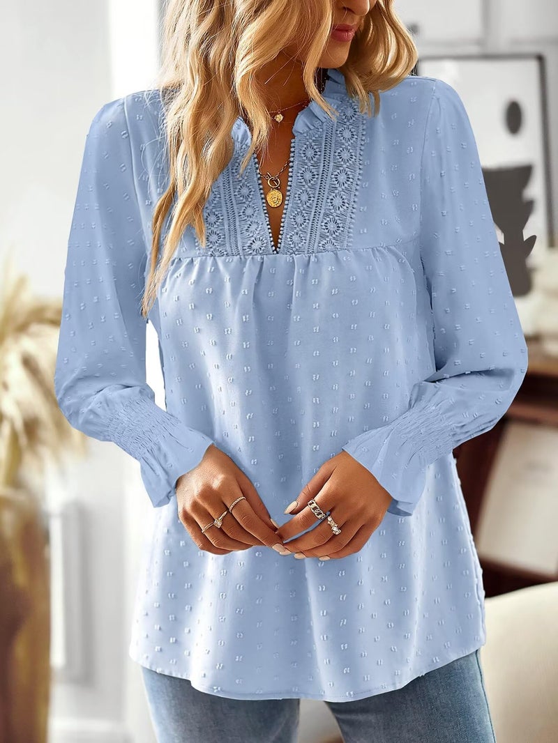 Falechay Plus Size Tops for Women Ruffle Sleeve Womens Blouses V Neck Spring Dressy Casual Flowy Bohemian Shirts Blue 2XL - Image 5