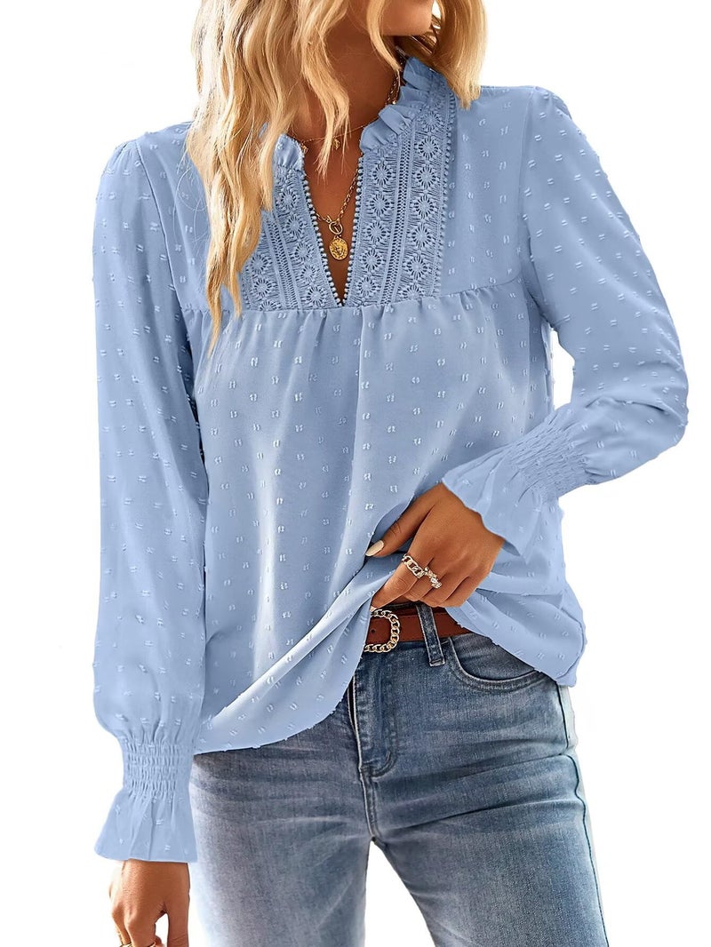 Falechay Plus Size Tops for Women Ruffle Sleeve Womens Blouses V Neck Spring Dressy Casual Flowy Bohemian Shirts Blue 2XL - Image 1