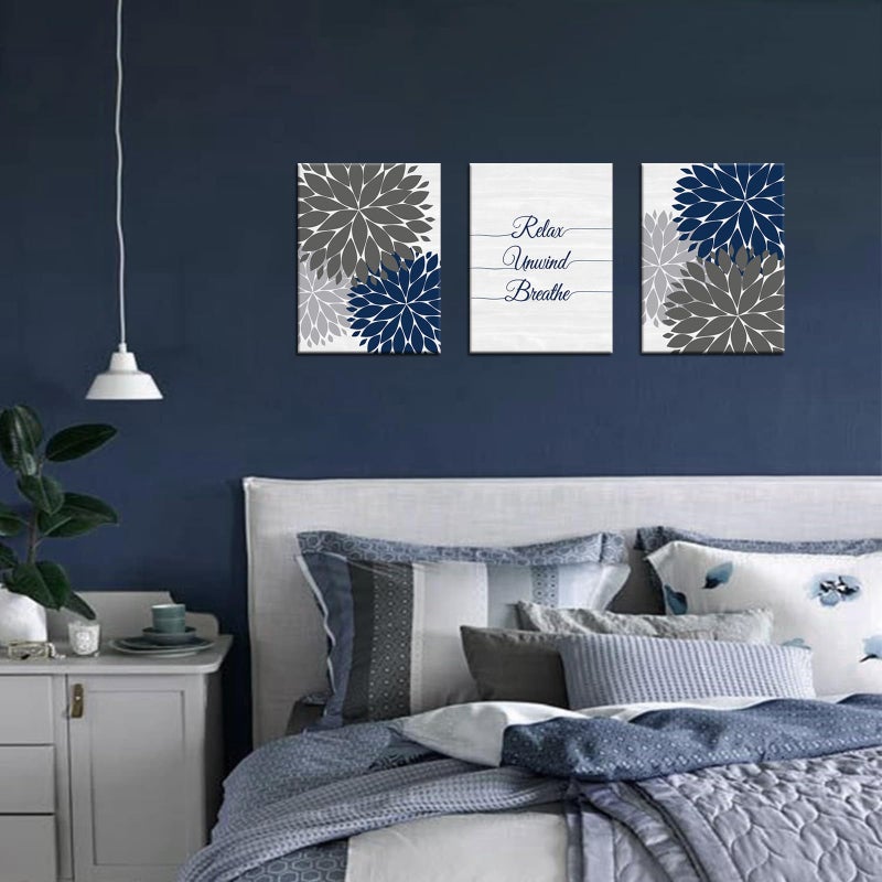 iHAPPYWALL 3 Pieces Relax Unwind Navy Bathroom Wall Art Blue and Grey Bath Flowers Funny Bathroom Sign Art Print for Spa Yoga Bedroom Wall Decor Ready to Hang 12x16inchx3pcs - Image 3