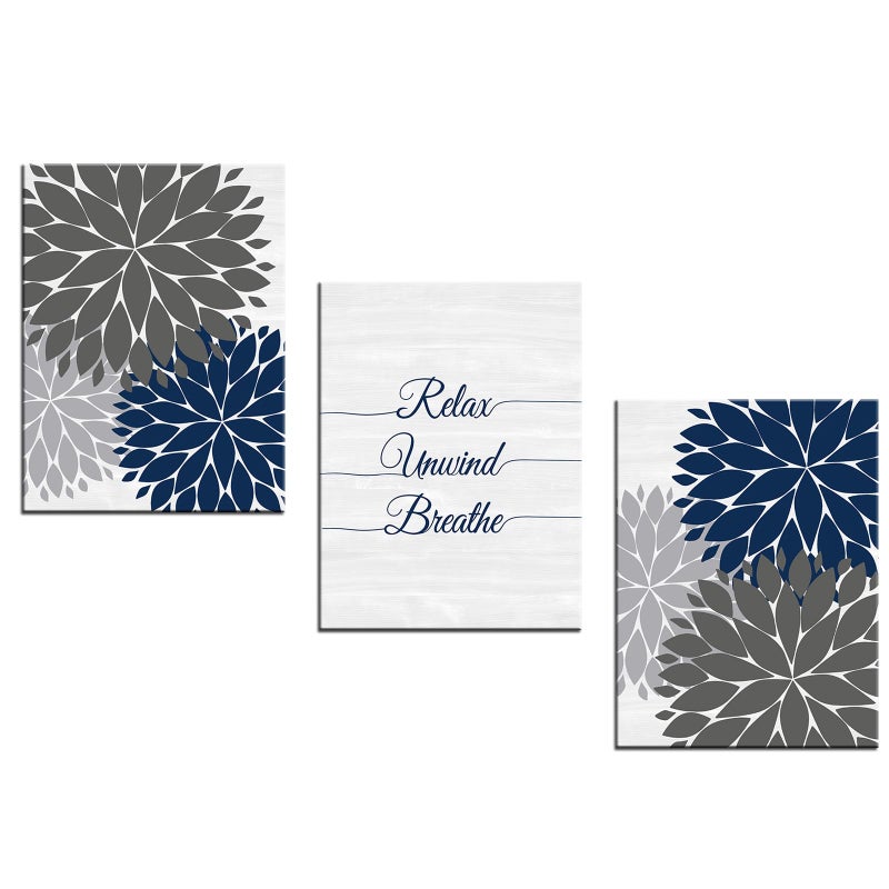 iHAPPYWALL 3 Pieces Relax Unwind Navy Bathroom Wall Art Blue and Grey Bath Flowers Funny Bathroom Sign Art Print for Spa Yoga Bedroom Wall Decor Ready to Hang 12x16inchx3pcs - Image 1
