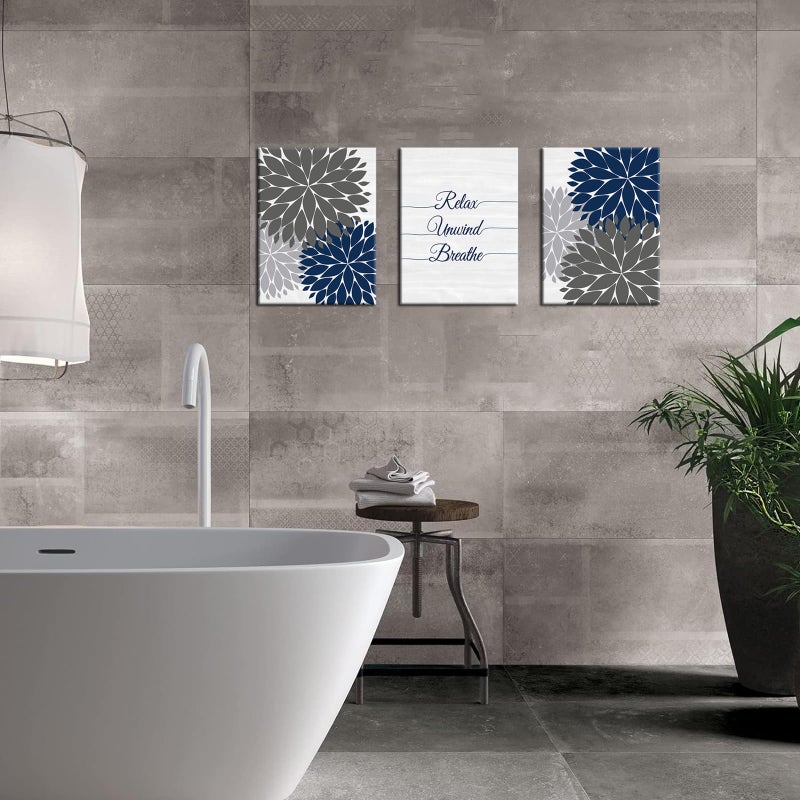 iHAPPYWALL 3 Pieces Relax Unwind Navy Bathroom Wall Art Blue and Grey Bath Flowers Funny Bathroom Sign Art Print for Spa Yoga Bedroom Wall Decor Ready to Hang 12x16inchx3pcs - Image 2