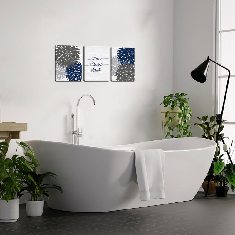 iHAPPYWALL 3 Pieces Relax Unwind Navy Bathroom Wall Art Blue and Grey Bath Flowers Funny Bathroom Sign Art Print for Spa Yoga Bedroom Wall Decor Ready to Hang 12x16inchx3pcs - Image 4