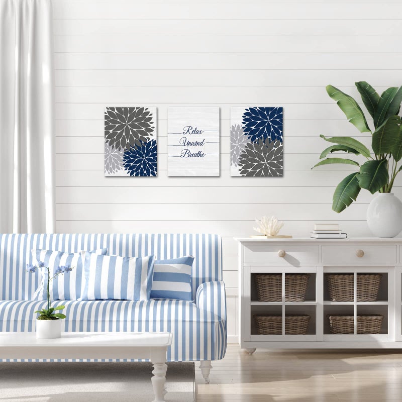 iHAPPYWALL 3 Pieces Relax Unwind Navy Bathroom Wall Art Blue and Grey Bath Flowers Funny Bathroom Sign Art Print for Spa Yoga Bedroom Wall Decor Ready to Hang 12x16inchx3pcs - Image 5
