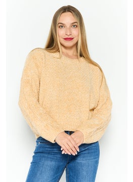 Women Round Neck Crochet Sweater, Tan