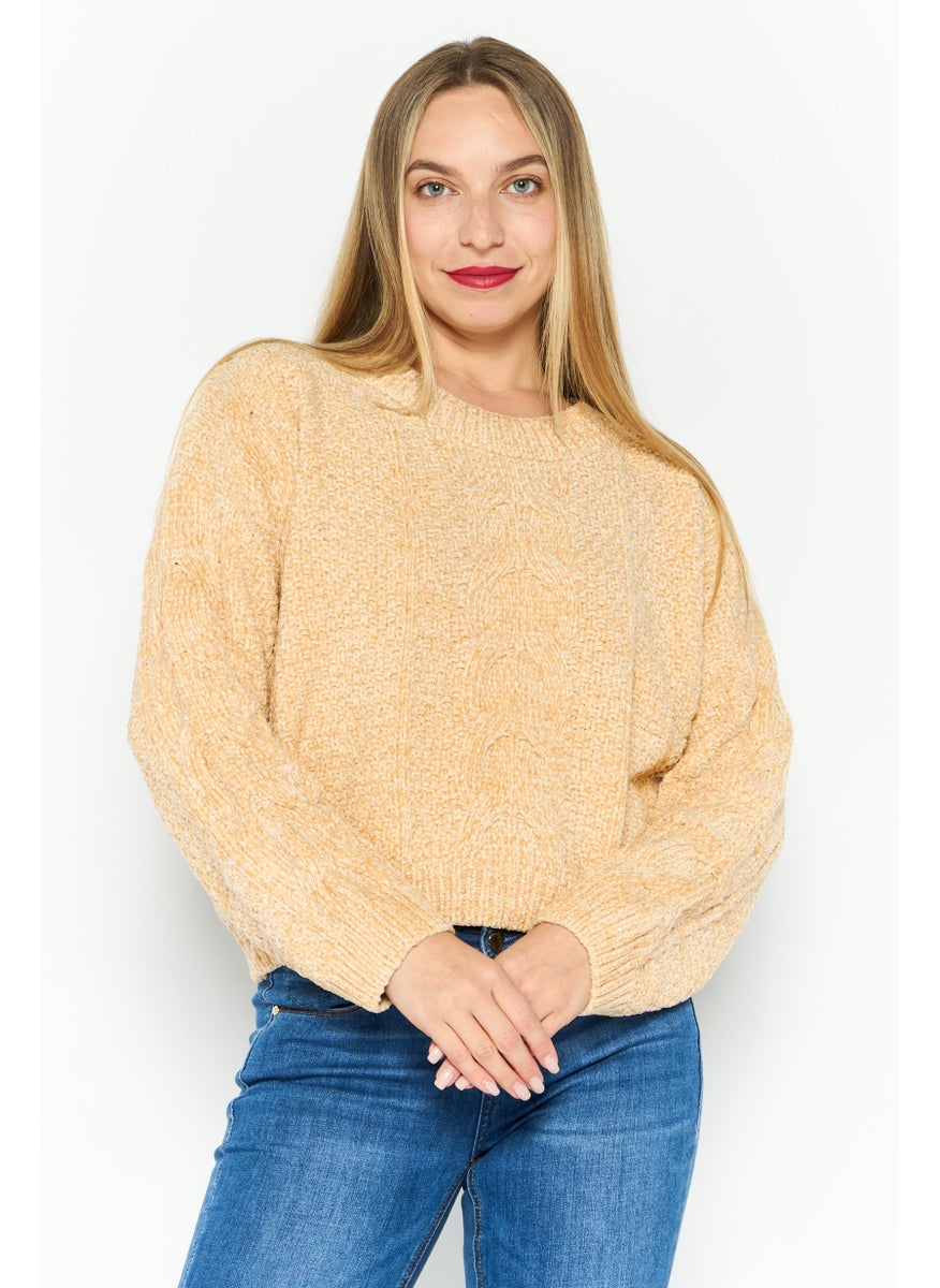 Sadie & Sage - Women Round Neck Crochet Sweater, Tan - Image 1