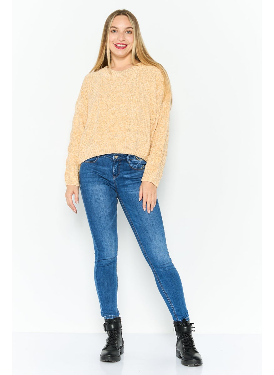 Sadie & Sage - Women Round Neck Crochet Sweater, Tan - Image 1