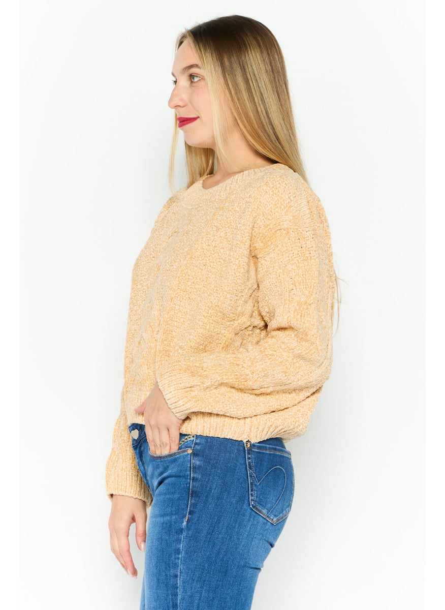 Sadie & Sage - Women Round Neck Crochet Sweater, Tan - Image 1