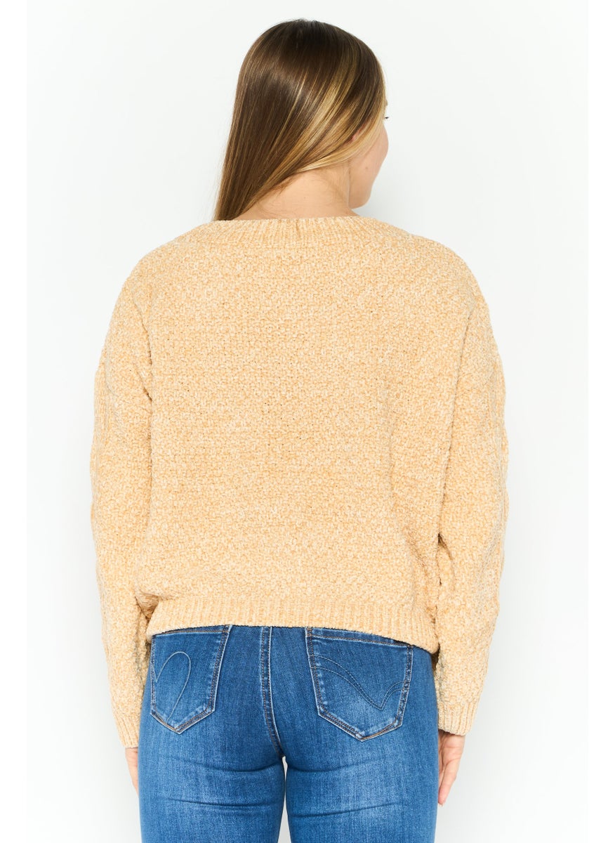 Sadie & Sage - Women Round Neck Crochet Sweater, Tan - Image 1