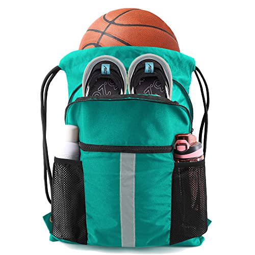BeeGreen Teal Drawstring Backpack String Bag with Water Bottle Pockets Large Workout Bag Sackpack and Shoe Compartment Swim Sports Cinch Bag for Men Women Gym Yoga - Image 1
