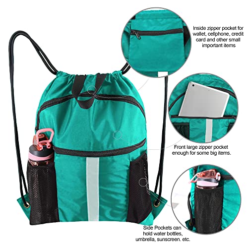 BeeGreen Teal Drawstring Backpack String Bag with Water Bottle Pockets Large Workout Bag Sackpack and Shoe Compartment Swim Sports Cinch Bag for Men Women Gym Yoga - Image 4