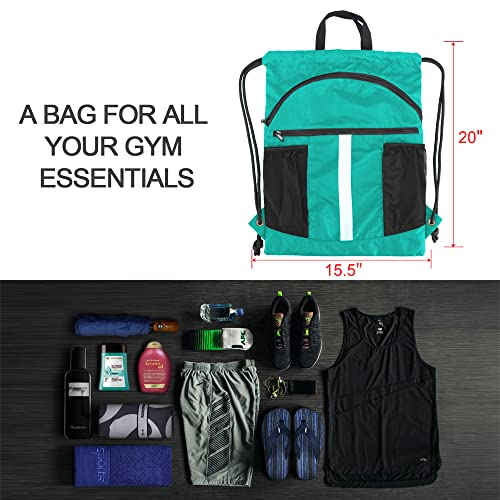 BeeGreen Teal Drawstring Backpack String Bag with Water Bottle Pockets Large Workout Bag Sackpack and Shoe Compartment Swim Sports Cinch Bag for Men Women Gym Yoga - Image 2