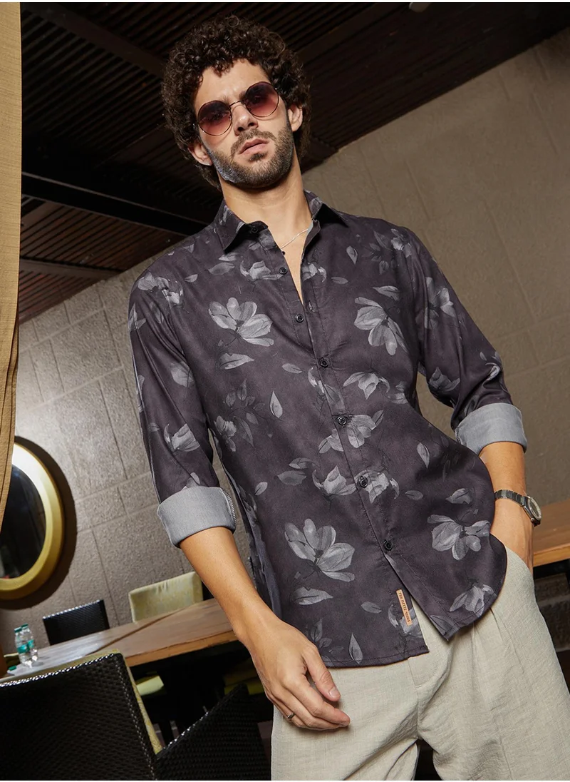 كامبوس سوترا Men's Charcoal Black Stamped-Botanic Shirt