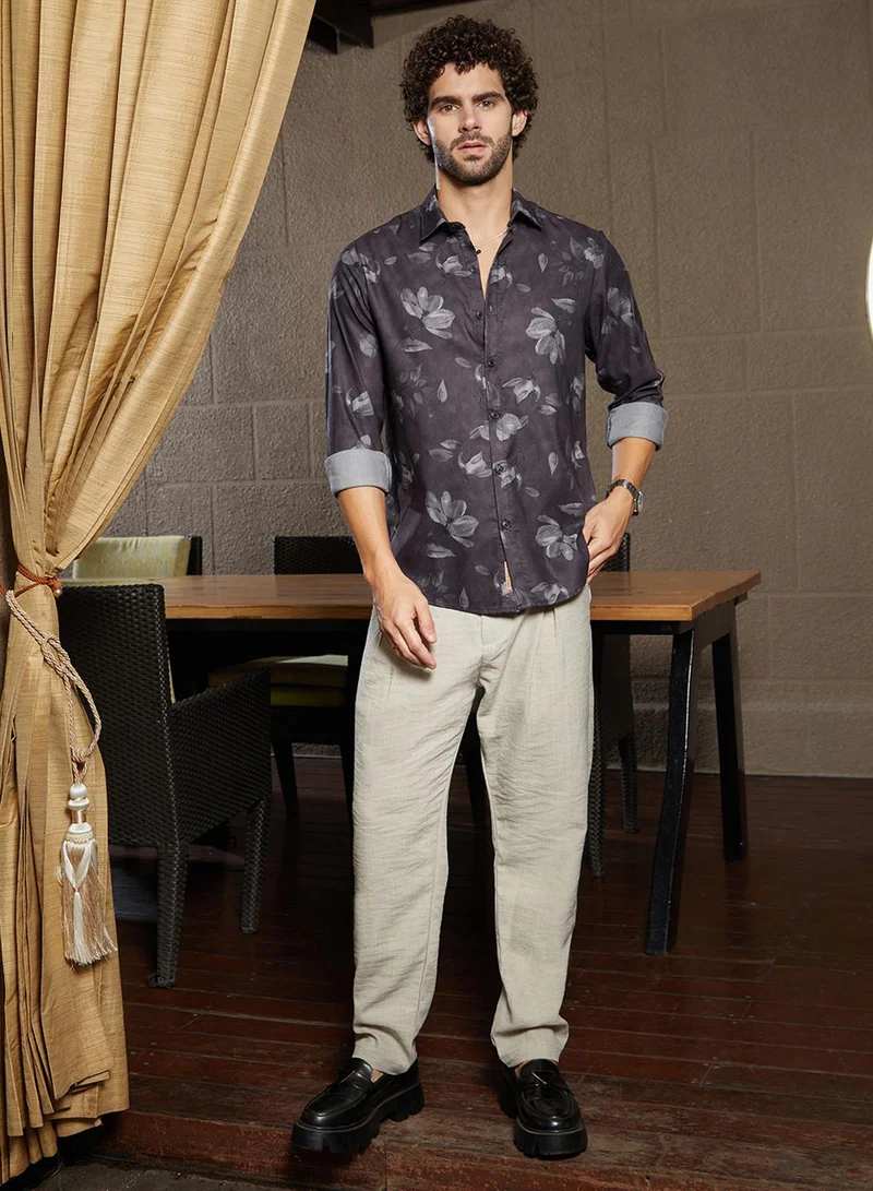 Campus Sutra Men's Charcoal Black Stamped-Botanic Shirt