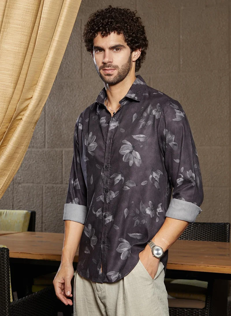 Campus Sutra Men's Charcoal Black Stamped-Botanic Shirt