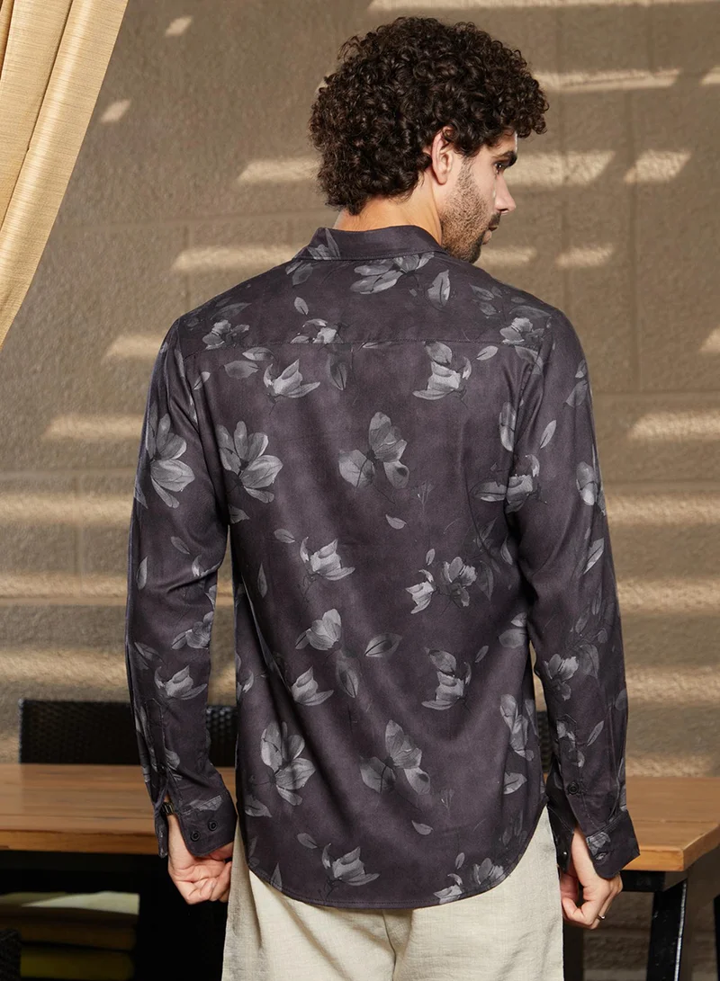 Campus Sutra Men's Charcoal Black Stamped-Botanic Shirt