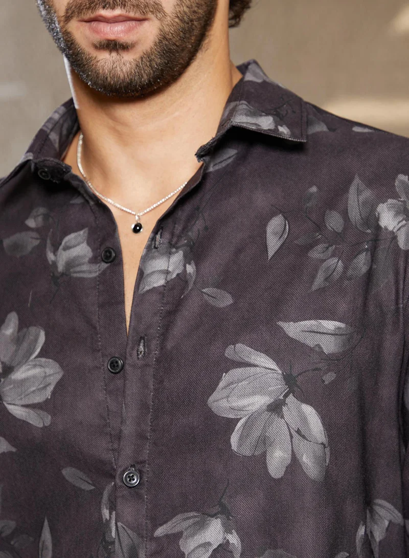 Campus Sutra Men's Charcoal Black Stamped-Botanic Shirt