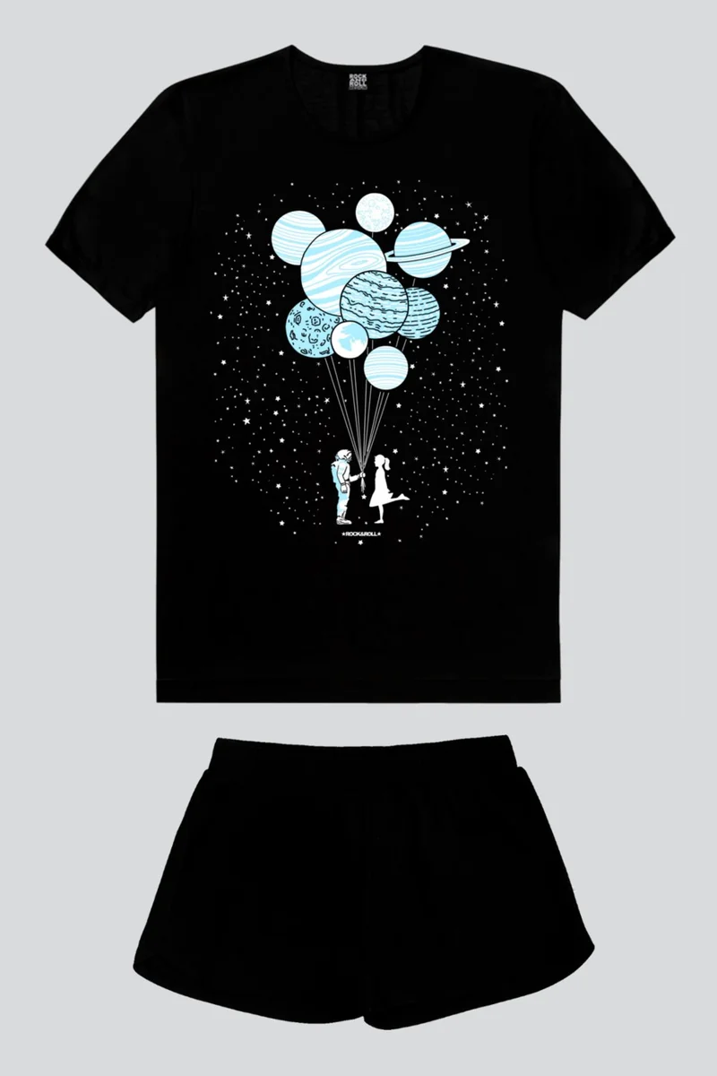 Rock&Roll Balloon Planets Black Short Sleeve Women's Shorts Set