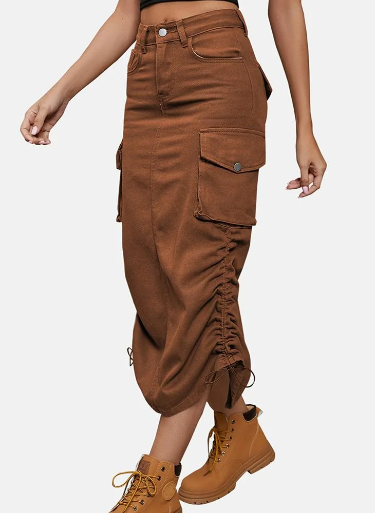 YUNIQEE Brown Mid Rise Plain Midi Skirt